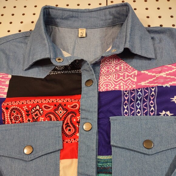 Urisme Patchwork Snap Button Blouse, Size Medium - Picture 3 of 9